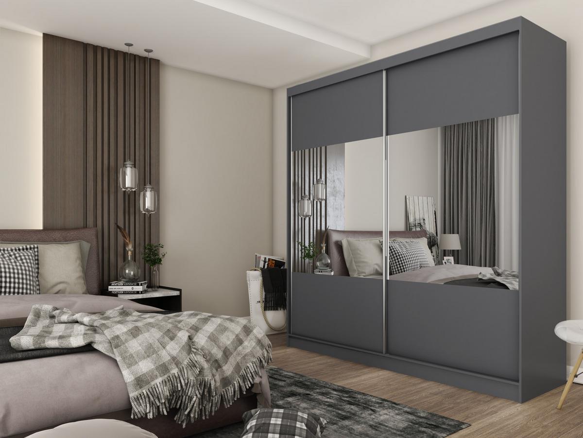 KLEIDERSCHRANK mit Spiegel-Schiebetüren und Aluminium-Leisten - CELI - 200 cm Grau - Grau, Holzwerkstoff (200/216/61cm) - ALTDECOR