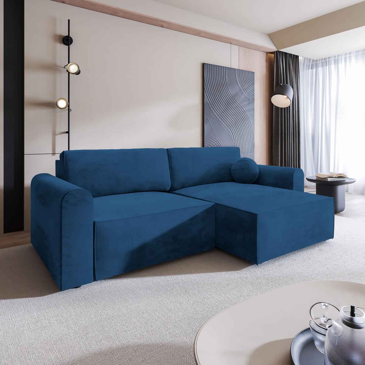 ECKSOFA FIANO M Blau Velours-Stoff mit Schlaffunktion - Blau/Grau, Holz/Kunststoff (245/148cm) - MASSENO