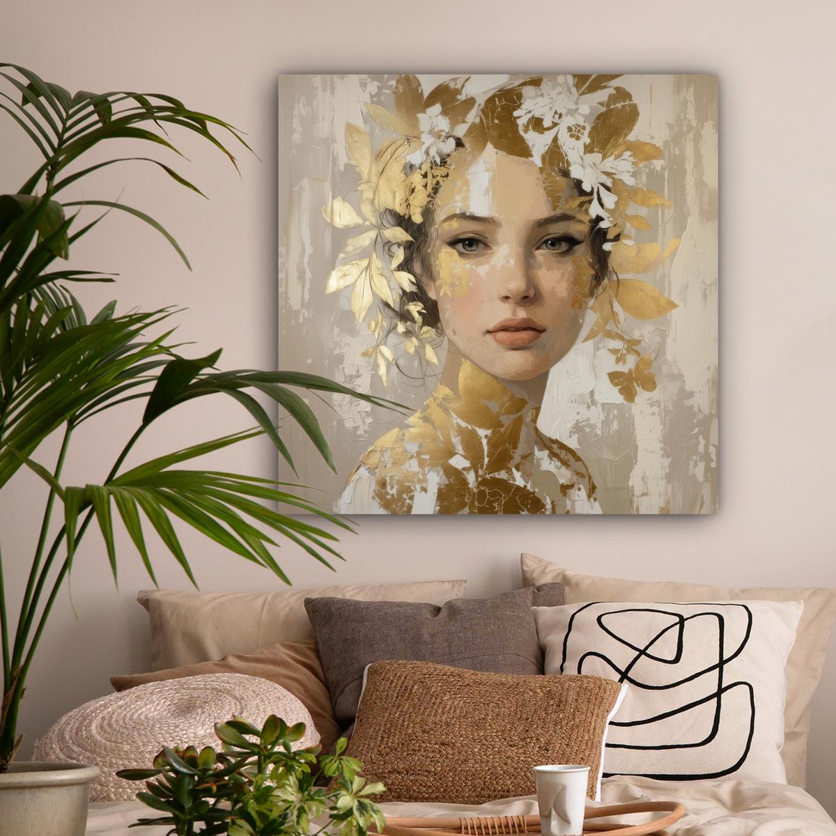 LEINWANDBILD Gesicht - Frau - Blätter - Gold Deko Groß 90x90 cm - Beige, Textil (90/90cm) - MuchoWow
