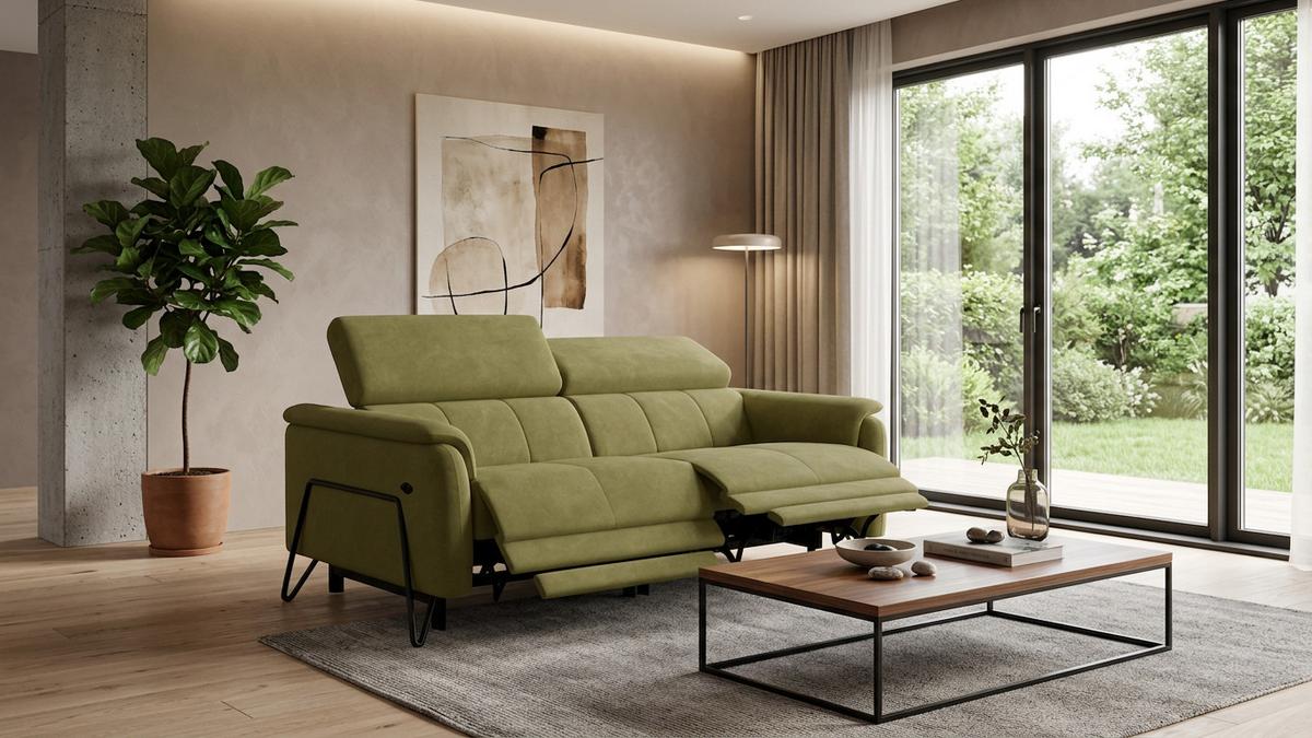 RELAXSOFA RODEN 3-Sitzer mit 2 Relax, olive, Veloursstoff - Grün, Holz/Textil (194/82/103cm) - Wozimo