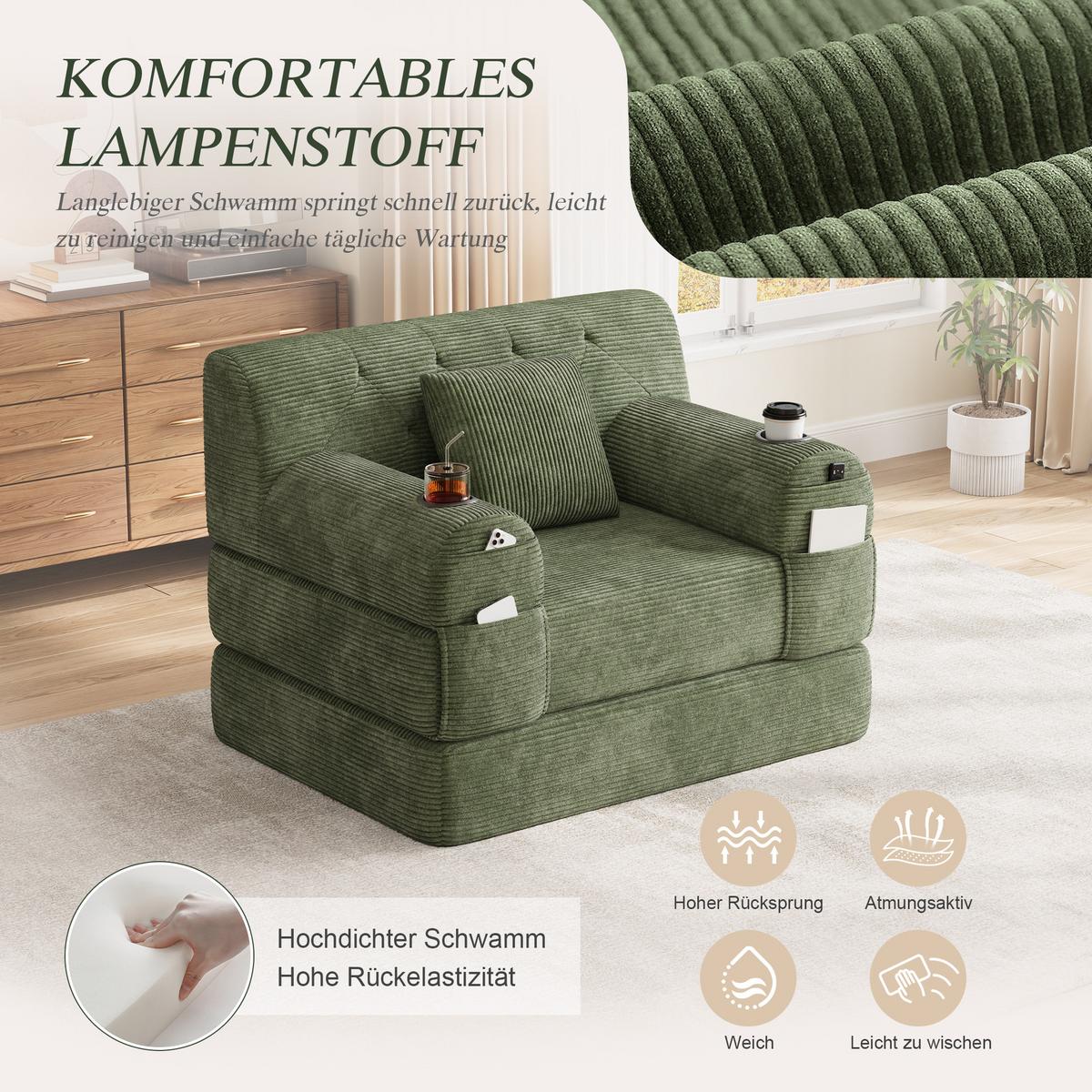 SCHLAFSOFA Cord mit Schlaffunktion, Getränkehalter & Taschen - Grün, Textil (107/81/80cm) - Urban Meuble