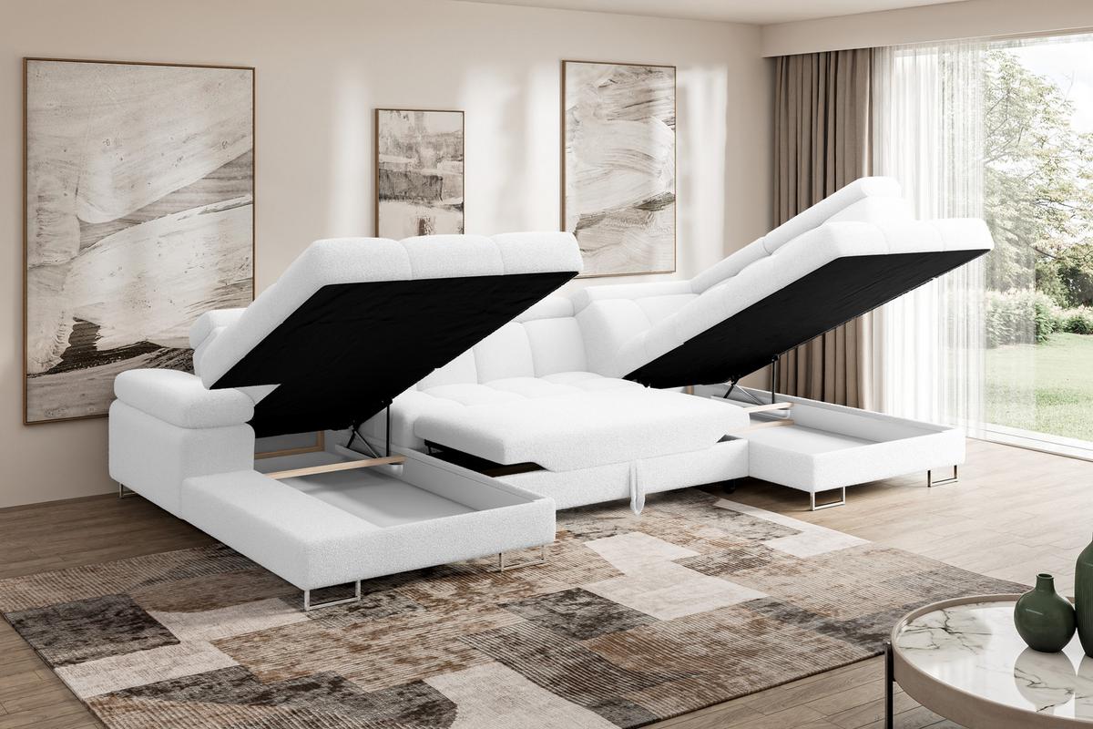WOHNLANDSCHAFT mit Schlaffunktion und Bettkasten Ottomane RECHTS COMA U 345x203x79 Weiß Bouclé - Weiß, Holzwerkstoff/Textil (203/79/345cm) - ALTDECOR