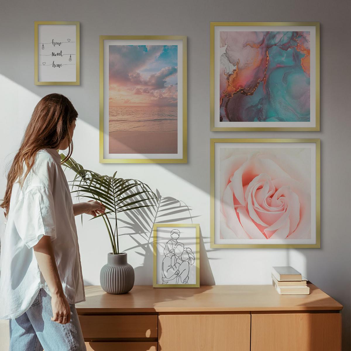 BILDER SET 5er Set - 50x50 cm & 20x30 cm & 40x60 cm Goldrahmen - Blumenfamilie minimalistisch - Goldfarben, Kunststoff (40/60cm) - TULUP