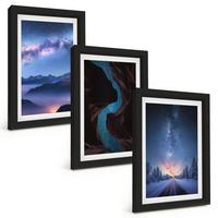 BILDER SET 3er Set - 20x30 cm Schwarzer Rahmen - Nachthimmel, Berge, Winterlandschaft - Schwarz, Kunststoff (20/30cm) - TULUP