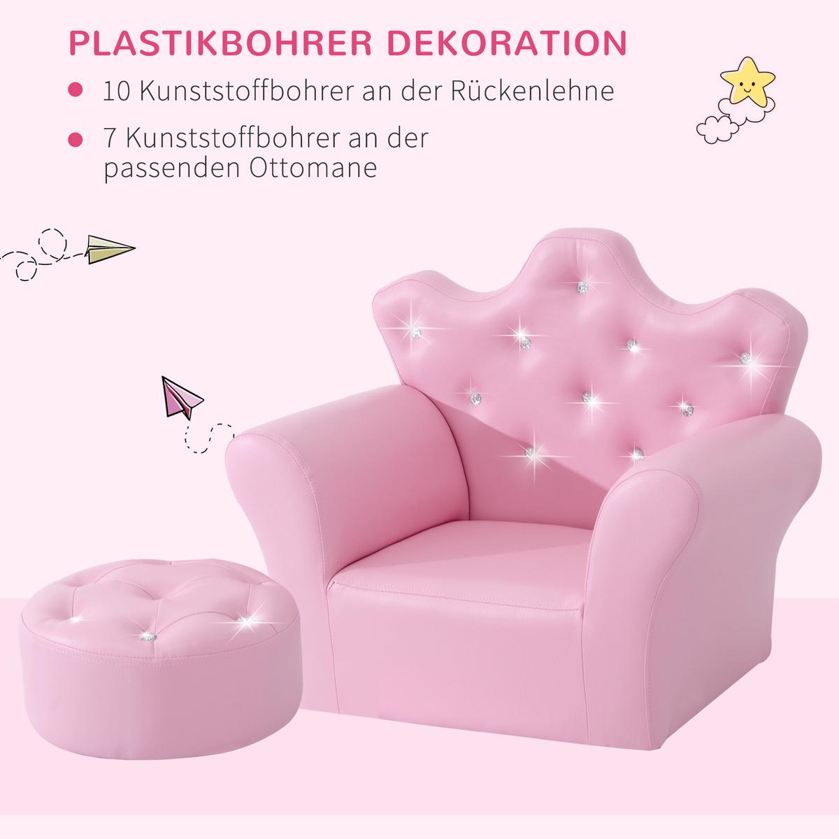 KINDERSOFA mit Ottomane Kindersessel Softsofa mit Kristallknöpfen Hocker Rosa - Rosa, Holz (405/49/58cm) - HOMCOM