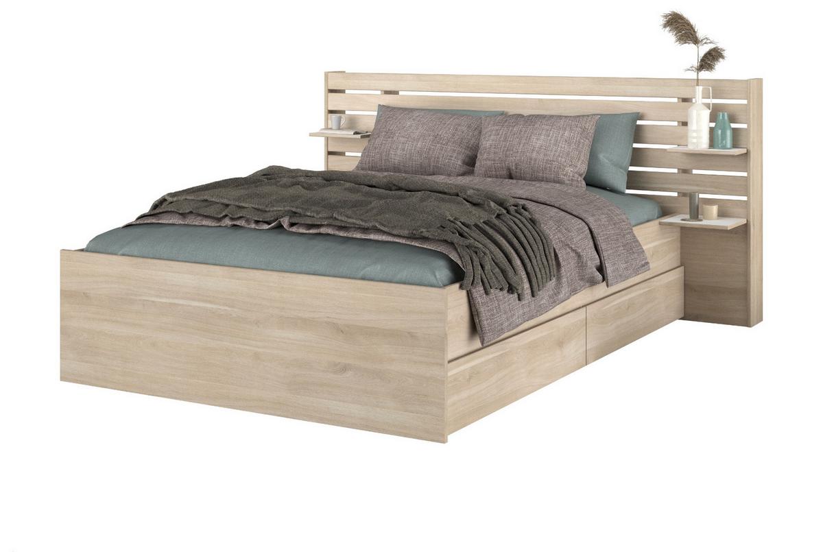 STAURAUMBETT Bett 140x200 cm mit 2 x Bettschubkasten und Ablage - Eichefarben, Holz/Holzwerkstoff (140/200cm) - Parisot Meuble