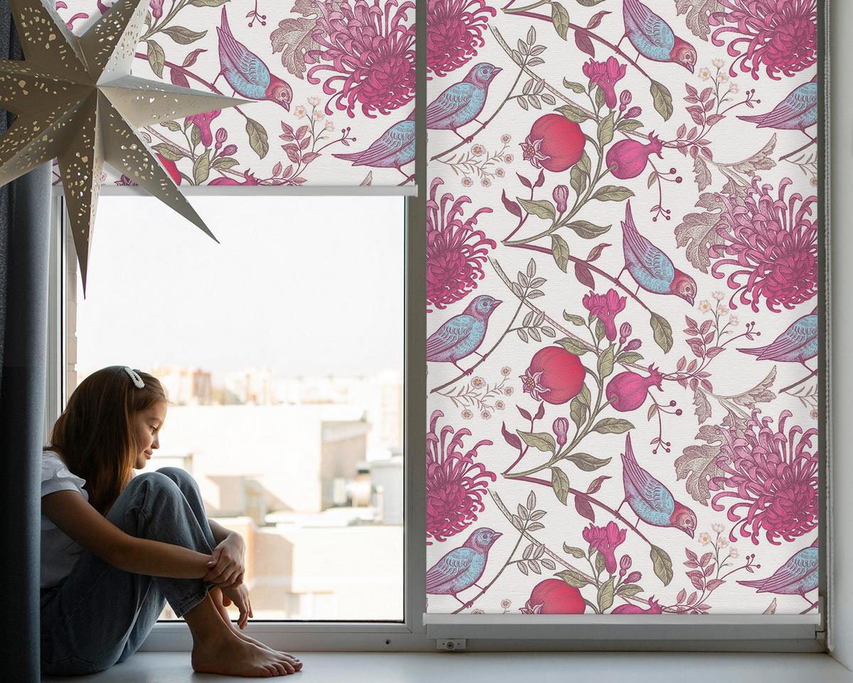 INNENROLLO - Fensterrollo - Rollo - 100x140 cm - Bunte Vögel zwischen den Blumen - Rot, Kunststoff (100/140/0.5cm) - TULUP