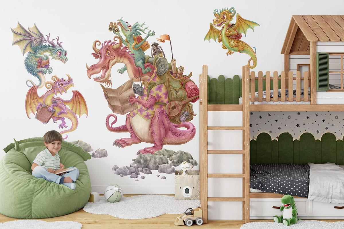 WANDAUFKLEBER 60x80cm - Drachen-Märchenfamilie - Multicolor, Kunststoff (60/80/0.1cm) - Wallfluent