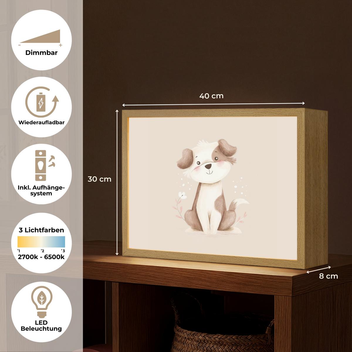 WANDLEUCHTE MIT AKKU Hund - Gefleckt - Braun 40x30 cm - Beige, Holzwerkstoff (40/30/8cm) - OnlyWow