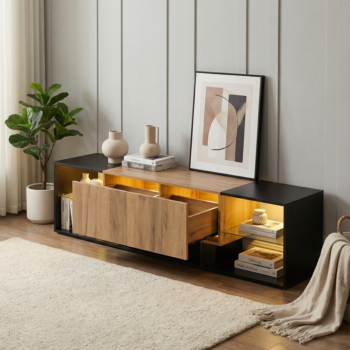TV-SCHRANK in Schwarz & Natur mit LED - Eichefarben, Holzwerkstoff (160/42/40cm) - Urban Meuble
