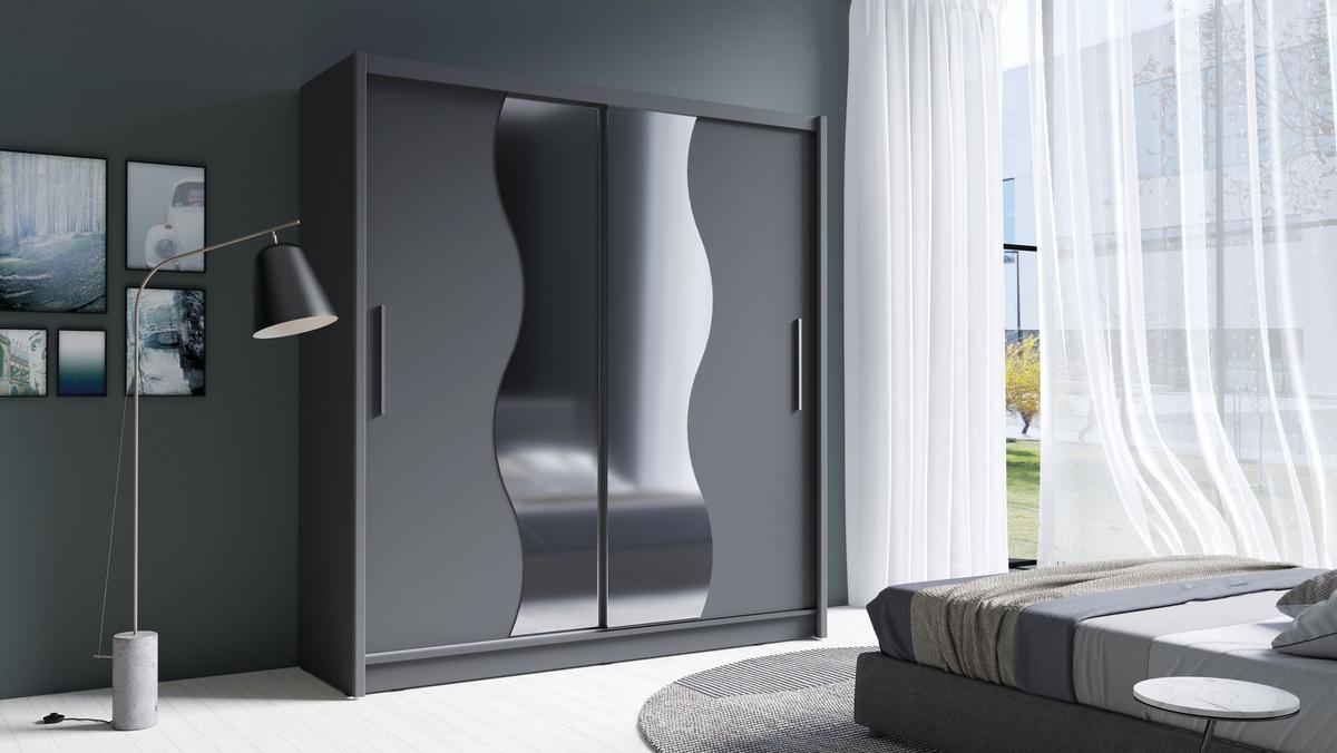 SCHWEBETÜRENSCHRANK RANOR 200/215/62,5cm 2-türig mit Spiegel Grau - Grau, Holzwerkstoff (200/215/62.5cm) - MASSENO