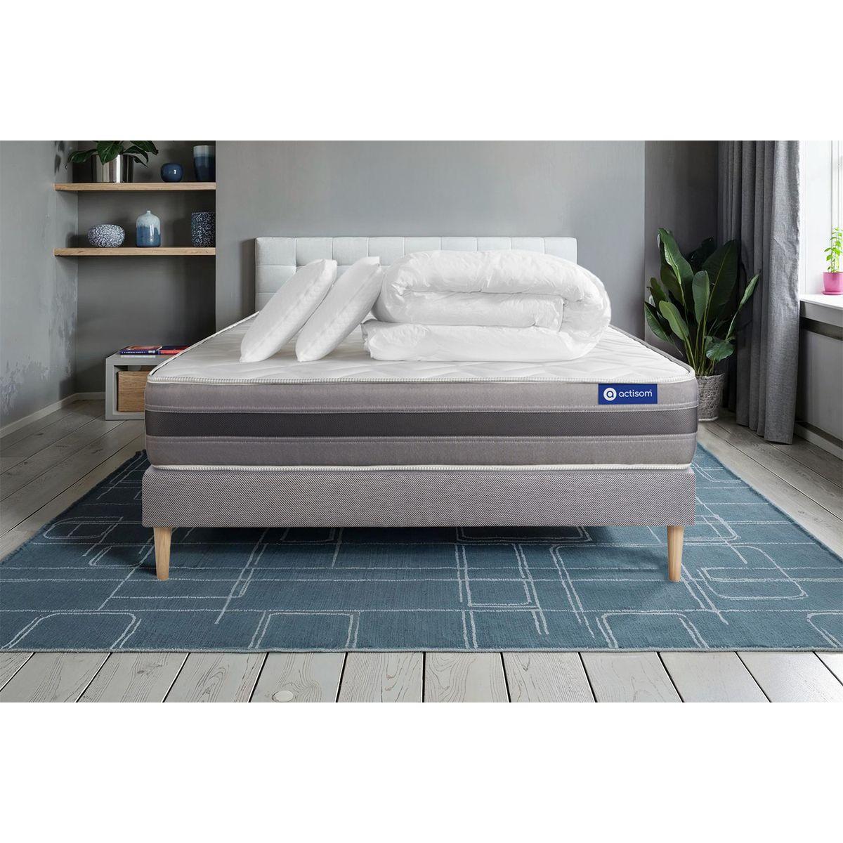 BETT Actilatex relax Latex und Memory-Schaum 160 x 200 cm h2 - Kit Bettgestell Grau - Mit Kissen und Bettdecke - Beige/Grau, Karton/Holz (160/200cm) - ACTISOM