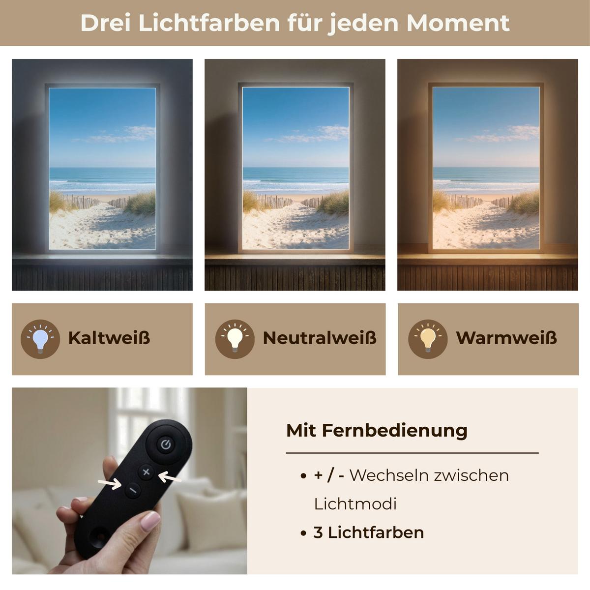 WANDLEUCHTE MIT AKKU Strand - Meer - Düne - Sand - Sommer 40x60 cm - Sandfarben, Holzwerkstoff (40/60/8cm) - OnlyWow
