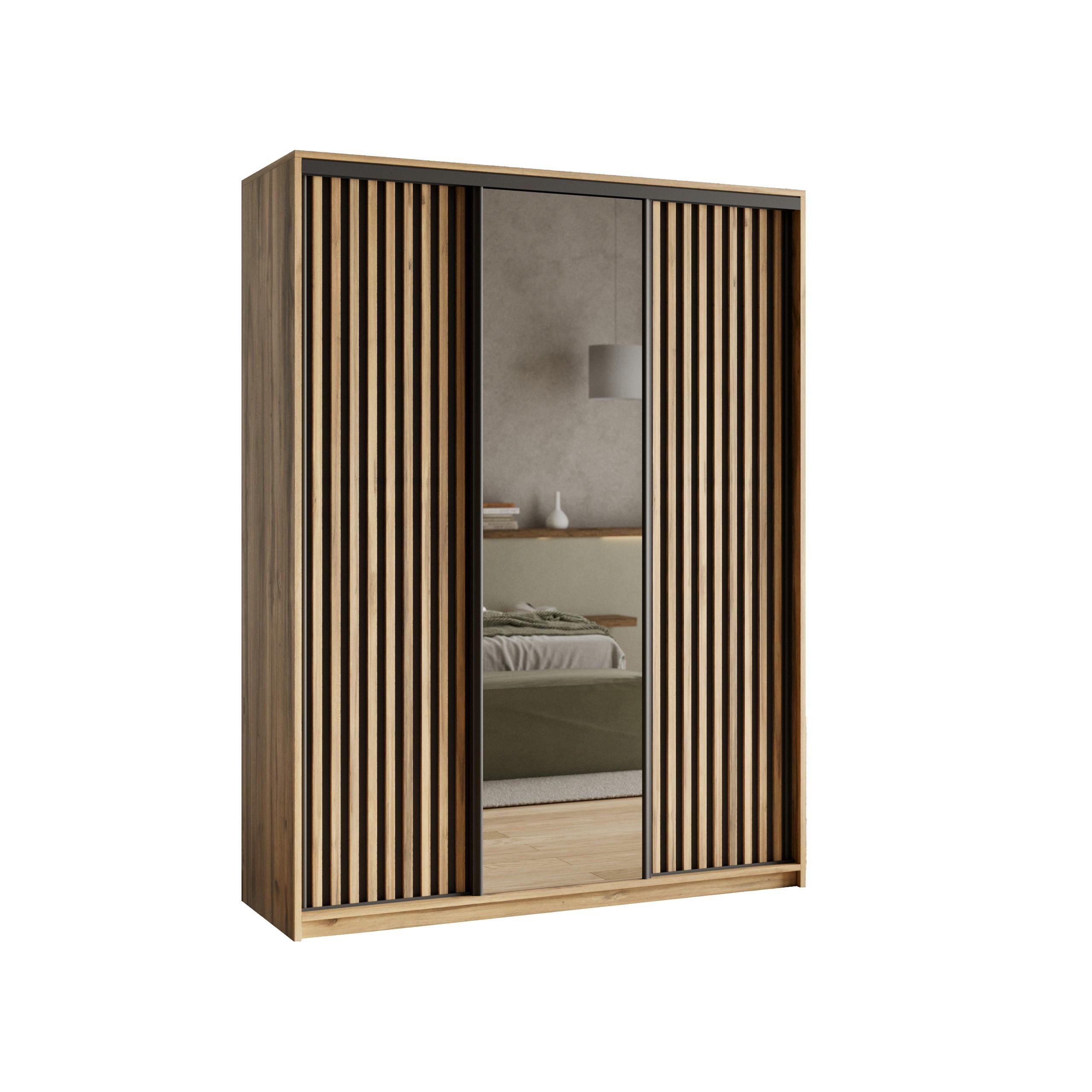 SCHWEBETÜRENSCHRANK ORRA 150/205/60 cm 3-türig mit Spiegel und Lamellen Eiche Wotan - Eiche Wotan/Schwarz, Holzwerkstoff (150/205/60cm) - MASSENO