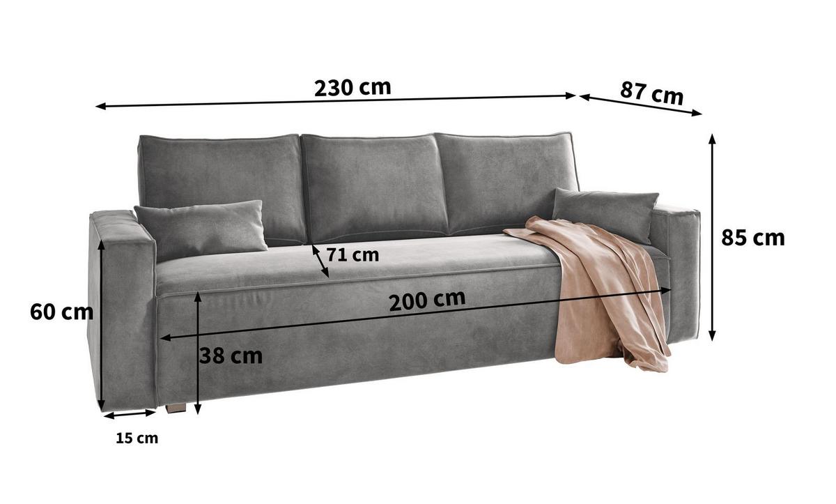 BETTSOFA ALATRI Hellgrau Velours-Stoff mit Schlaffunktion - Hellgrau, Textil (230/85/87cm) - MASSENO