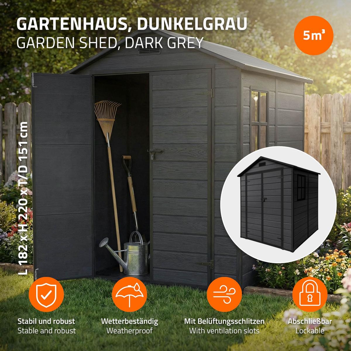 GARTENHAUS Kunststoff mit Boden 5m³ 151x182x220 cm Dunkelgrau - Dunkelgrau, Kunststoff (182/220/151cm) - ECD-Germany