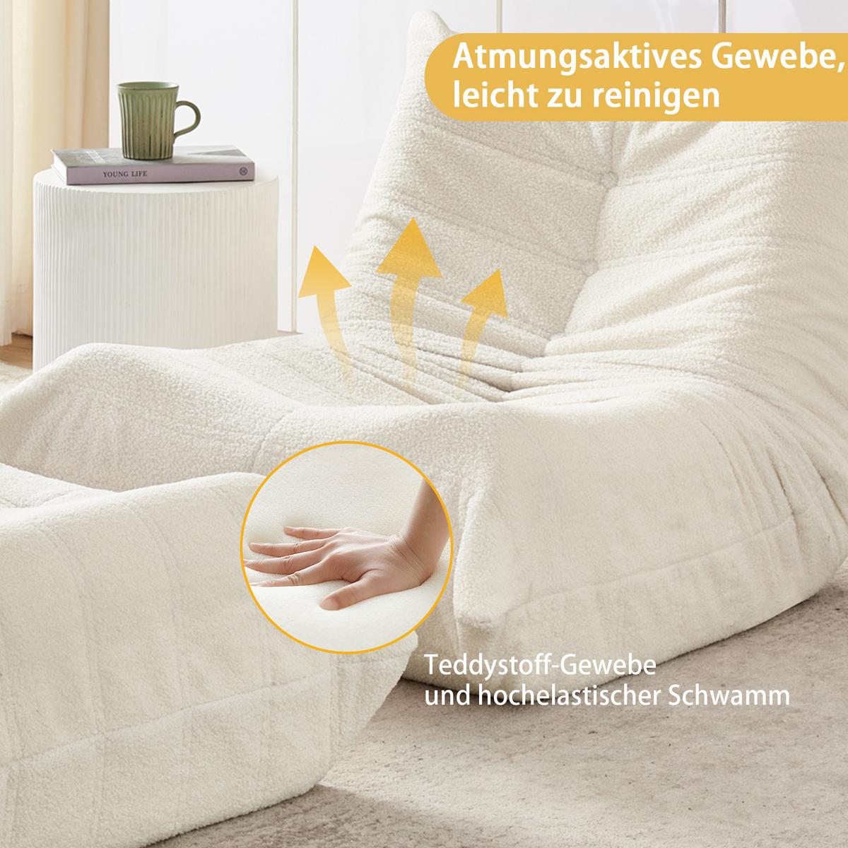 LAZY SOFA Teddyfell Optik mit Hocker weich & ergonomisch - Beige, Textil (100/70/90cm) - Urban Meuble