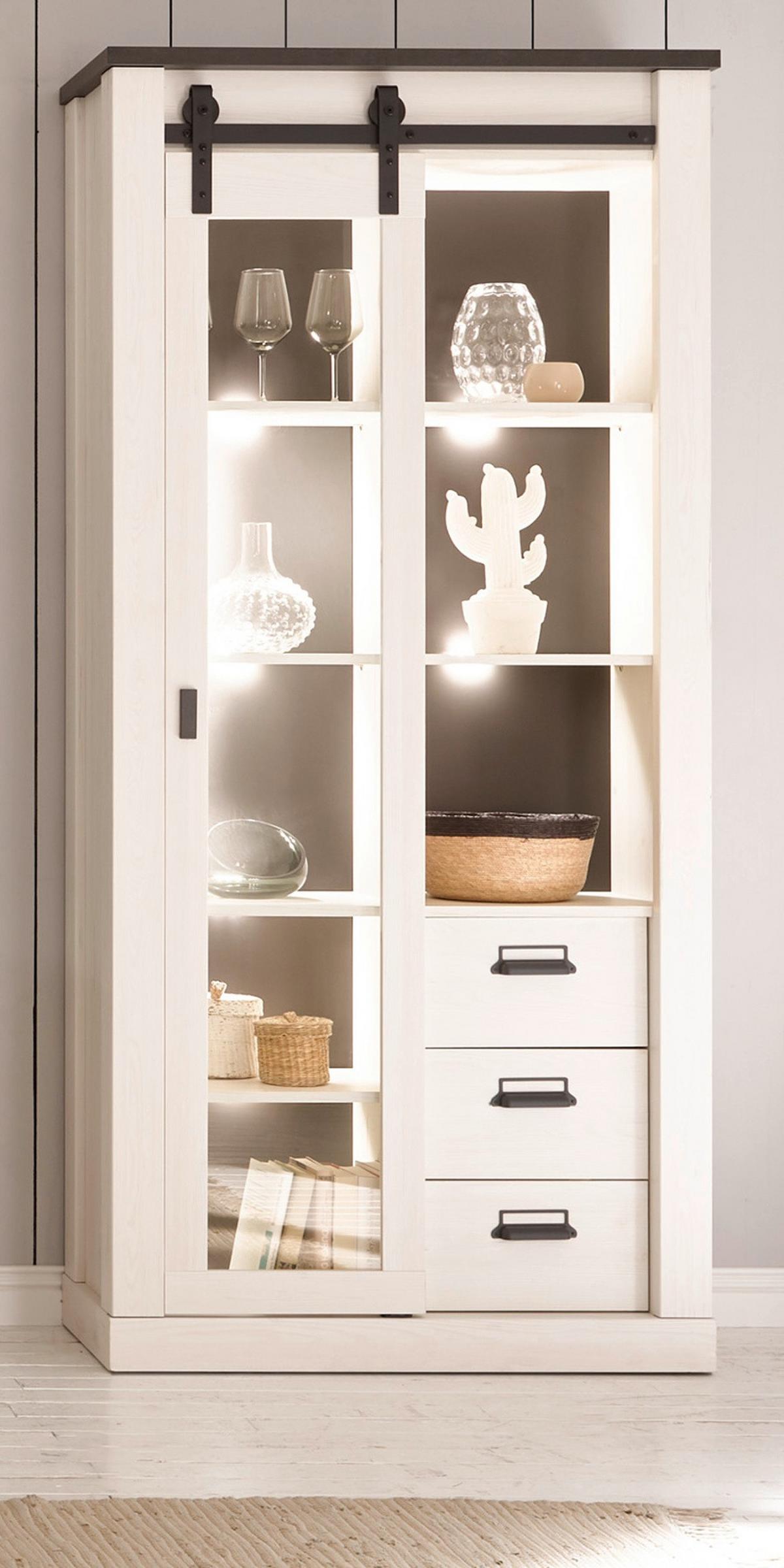 ESSZIMMER-SET weiß Pinie, anthrazit Landhaus, Wohnkombination 2-teilig - Anthrazit/Weiß, Holzwerkstoff/Metall (314/201/43cm) - Furn.Design