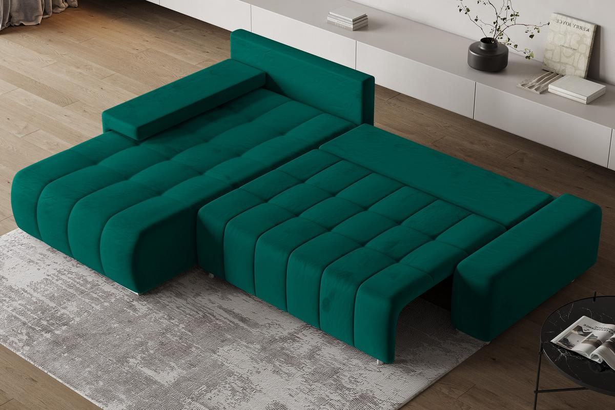 ECKSOFA ALESE L-S Grün Velours-Stoff mit Schlaffunktion - Silberfarben/Grün, Holz/Textil (265/185cm) - MASSENO
