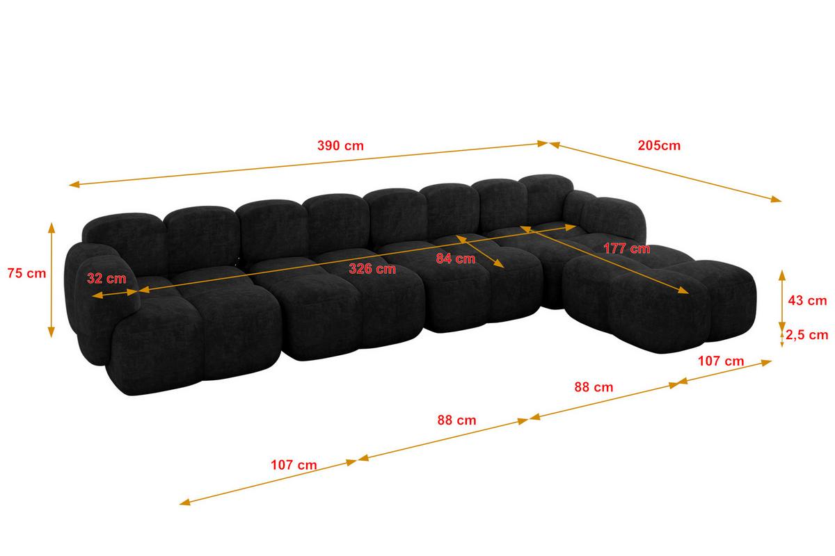 ECKSOFA modulares Sofa Rechts Miko-L3 390x205x75 Schwarz Velours - Schwarz, Holzwerkstoff/Kunststoff (390/205cm) - ALTDECOR