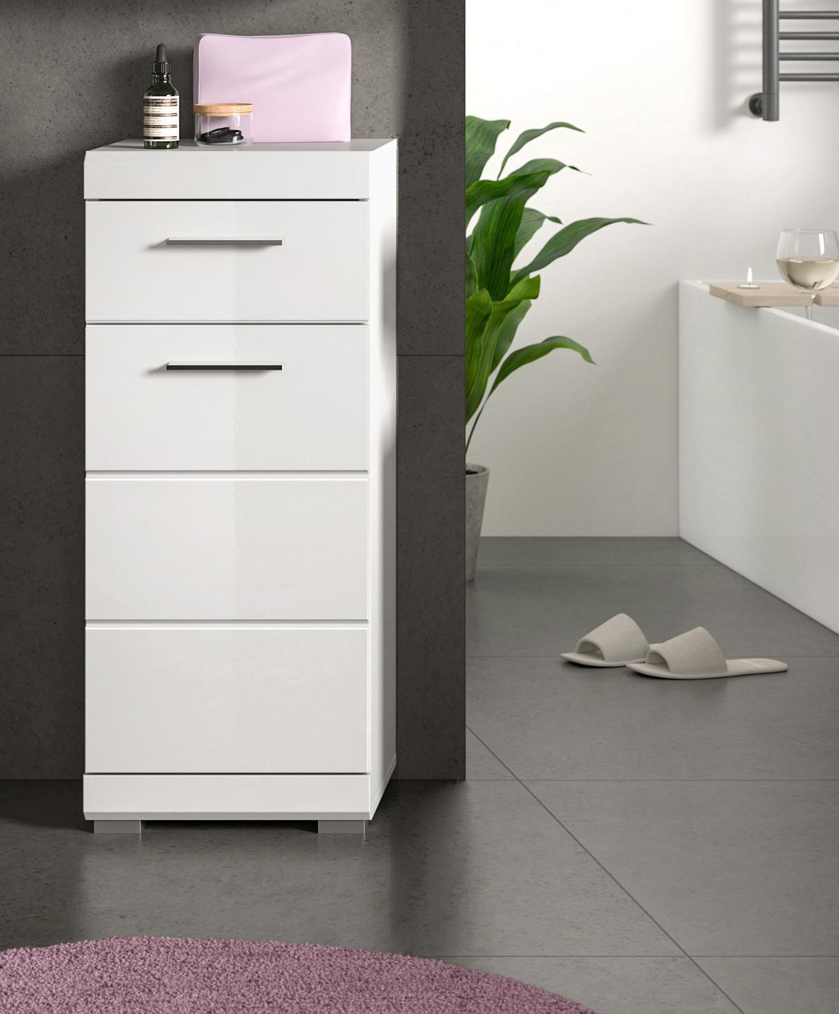 BADKOMMODE weiß Hochglanz 37 x 88 cm, Badschrank mit Vollauszug - Weiß Hochglanz/Silberfarben, Holzwerkstoff/Kunststoff (37/88/31cm) - Inn.Furn