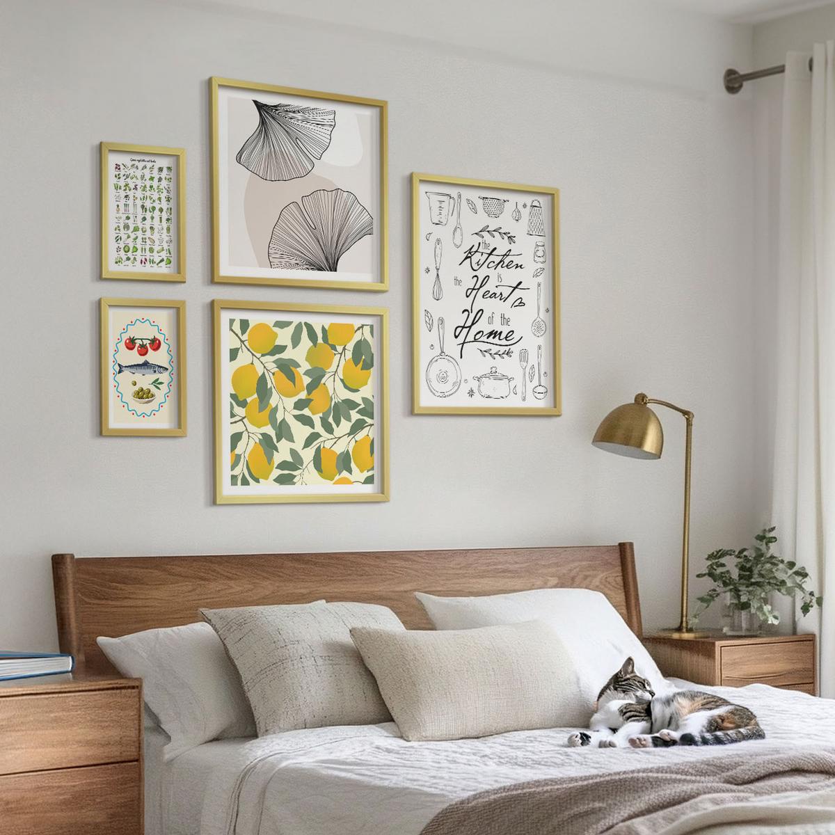 BILDER SET 5er Set - 50x50 cm & 20x30 cm & 40x60 cm Goldrahmen - Küchenkräuter-Zitronen-Malerei - Goldfarben, Kunststoff (40/60cm) - TULUP