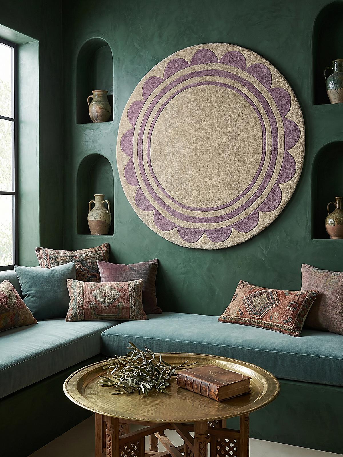 WOLLTEPPICH WENSUM, mit grafischem Muster mit Rahmen, Lila-Beige, Ø 120 cm - Lila, Textil (120/120cm) - KADIMA DESIGN