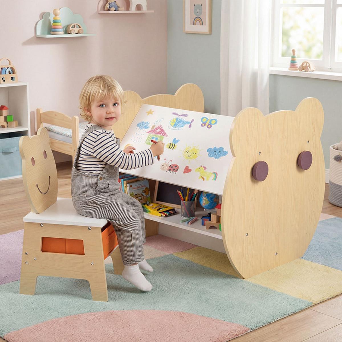 KINDERTISCH mit stuhl natur(2-tlg) - Naturfarben, Holzwerkstoff (59.5/60/60cm) - COSTWAY