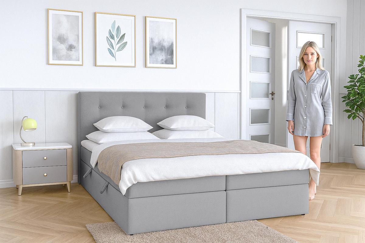 BOXBETT BAUNEI 180x200 cm mit Bettkasten und Matratze - Grau + TOPPER - Schwarz/Grau, Holz/Holzwerkstoff (180/200cm) - AX Living