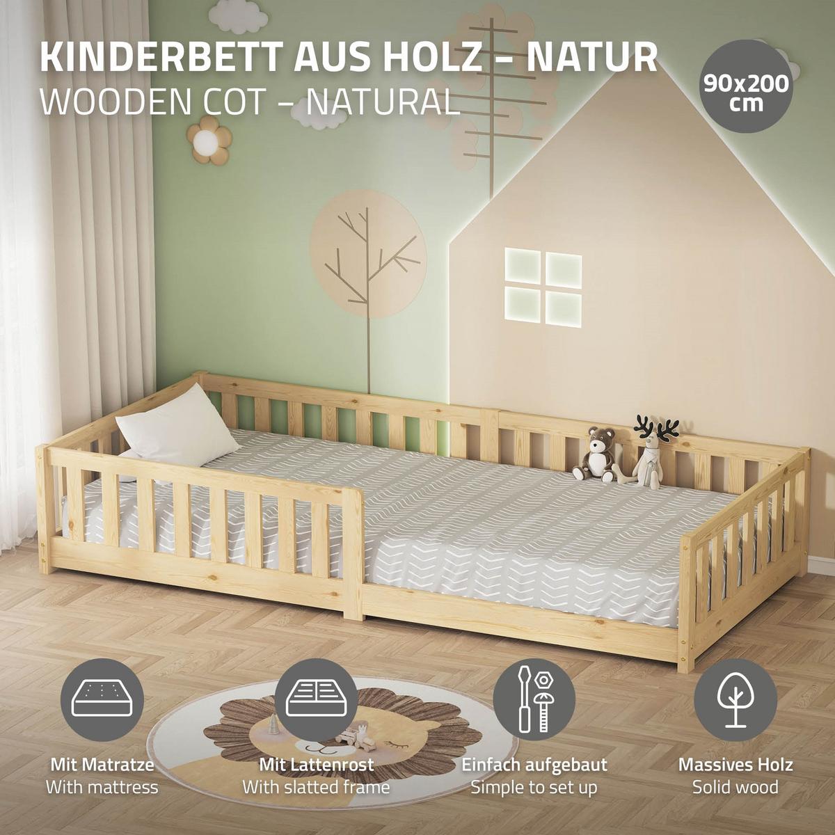 KINDERBETT 90x200 cm Natur mit Matratze H:10 cm - Naturfarben, Holz (90/200cm) - ML-DESIGN