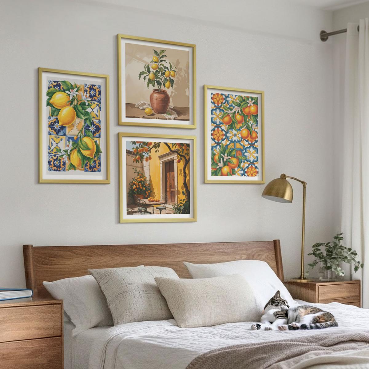 BILDER SET 4er Set - 50x50 cm & 40x60 cm Goldrahmen - Zitronenorange Blütenmuster - Goldfarben, Kunststoff (50/50cm) - TULUP