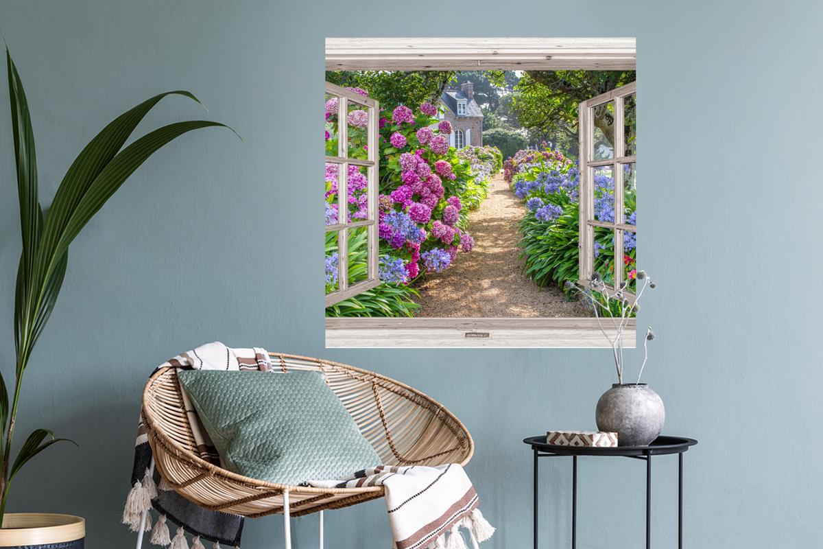 WANDTATTOO Hortensie - Durchsichtig - Blumen - Sommer - Lila - Weg Wanddeko 50x50 cm - Lila, Kunststoff (50/50/0.1cm) - MuchoWow
