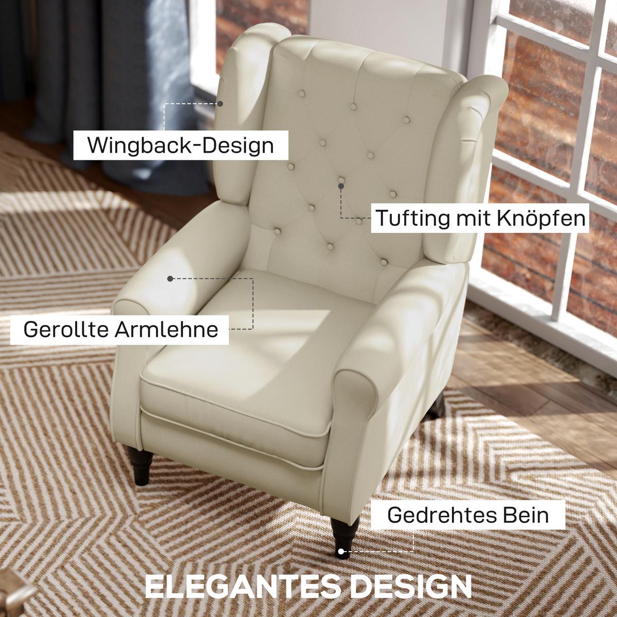 OHRENSESSEL Polyester, Holz, Cremeweiß - Creme/Schwarz, Holz/Textil (86/102/74cm) - HOMCOM