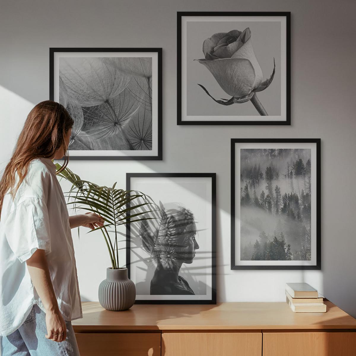 BILDER SET 4er Set - 50x50 cm & 40x60 cm Schwarzer Rahmen - Waldnebelporträt einer Frau - Schwarz, Kunststoff (50/50cm) - TULUP