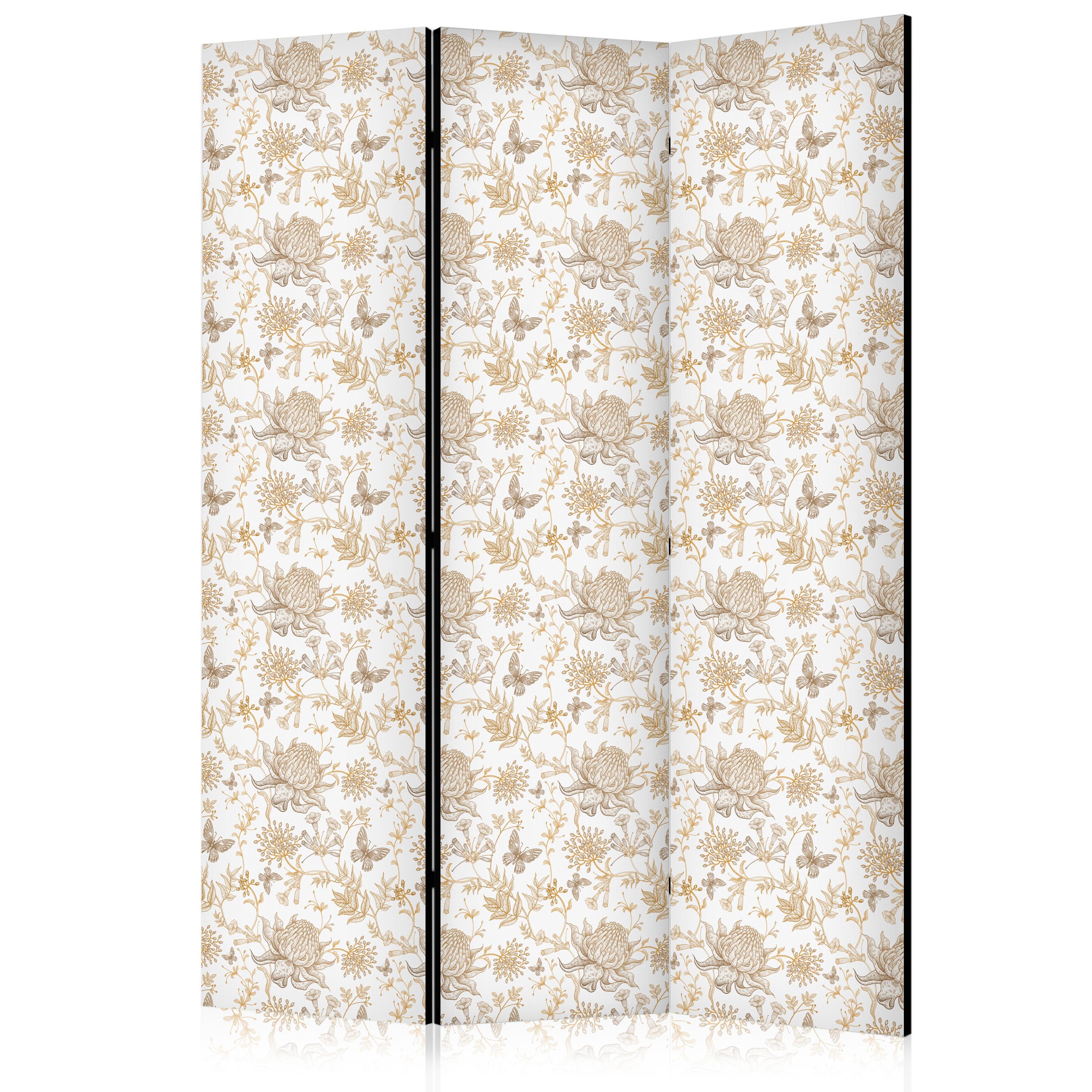 PARAVENT Einseitig Bedruckter 3-tlg 135x172 cm Chrysanthemen und Schmetterlinge - Beige, Holz/Textil (135/172/3cm) - Muralo