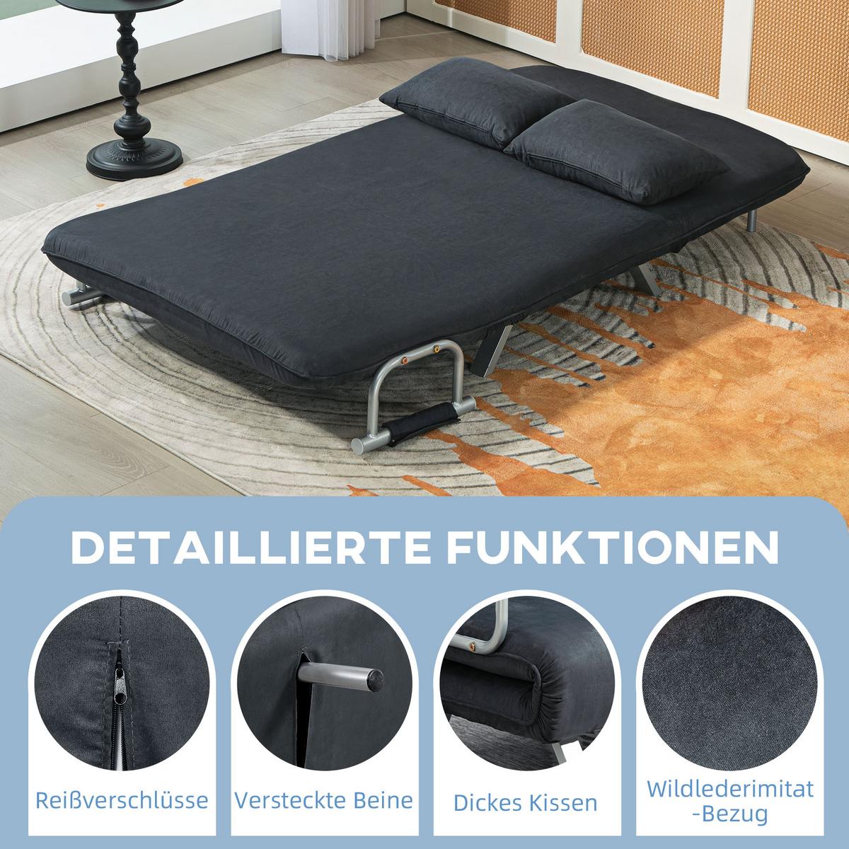 2-SITZER Sofa mit Schlaffunktion, Schlafsofa mit Verstellbarer Rückenlehne - Silberfarben/Schwarz, Textil/Metall (80/78/111cm) - HOMCOM