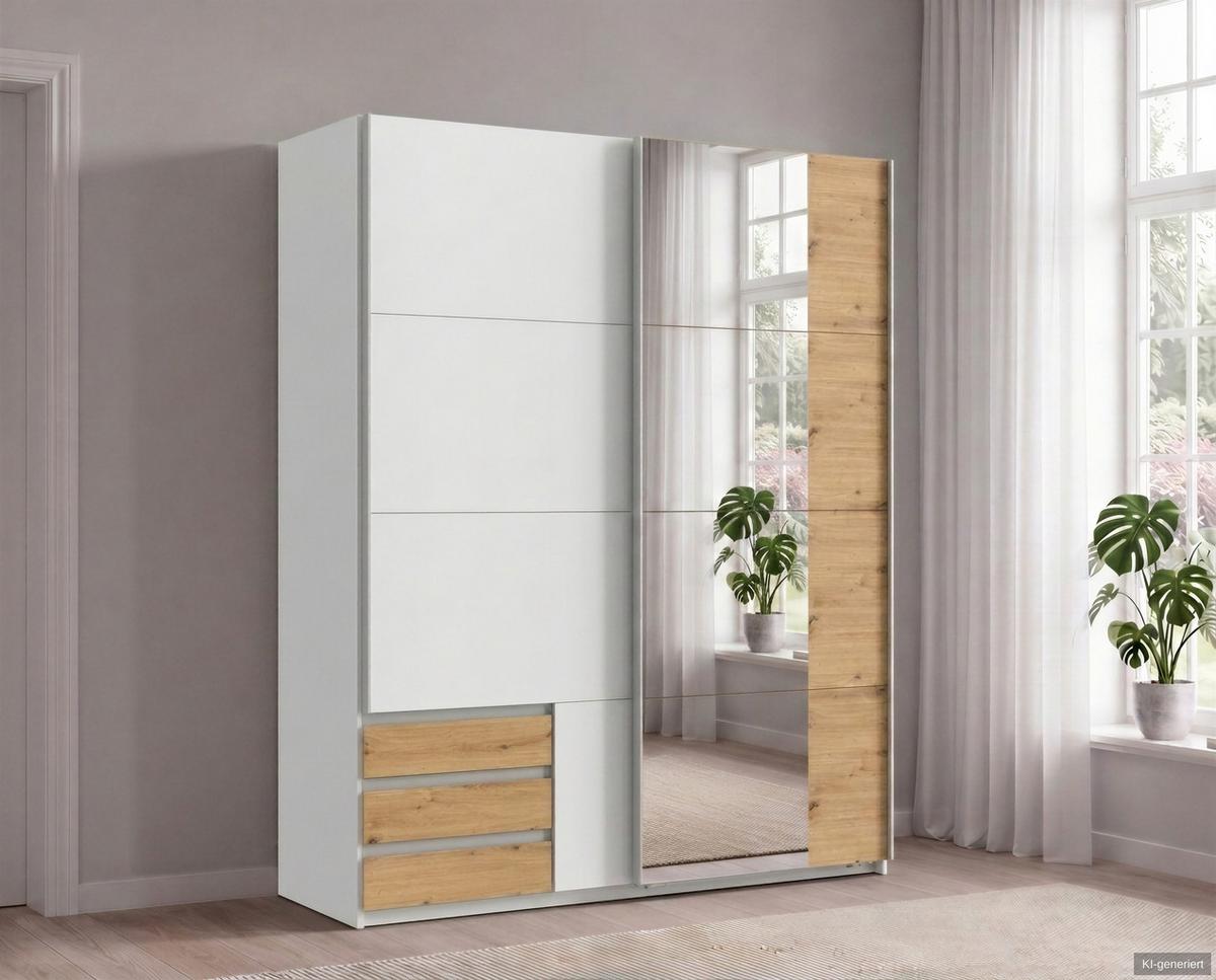 SCHWEBETÜRENSCHRANK 2-türig B135/H198/T65 cm, Kleiderschrank in Weiß mit Spiegel, 1x Tür & sichtbare Schubkästen in Eiche Artisan Dekor / 22676 - Eichefarben/Alufarben, Holz/Holzwerkstoff (135/198/65cm) - luma-home