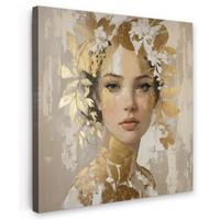 LEINWANDBILD Gesicht - Frau - Blätter - Gold Wandbild Wohnzimmer 50x50 cm - Beige, Textil (50/50cm) - MuchoWow