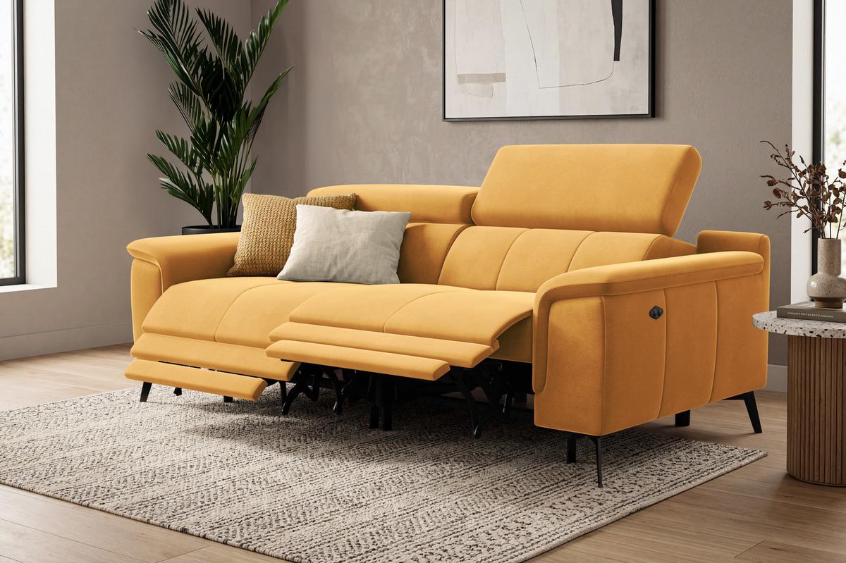 SOFA RELAX FIERO 3-Sitzer, Gelber Veloursstoff - Gelb/Schwarz, Holz/Textil (212/82/103cm) - Courtois Laville