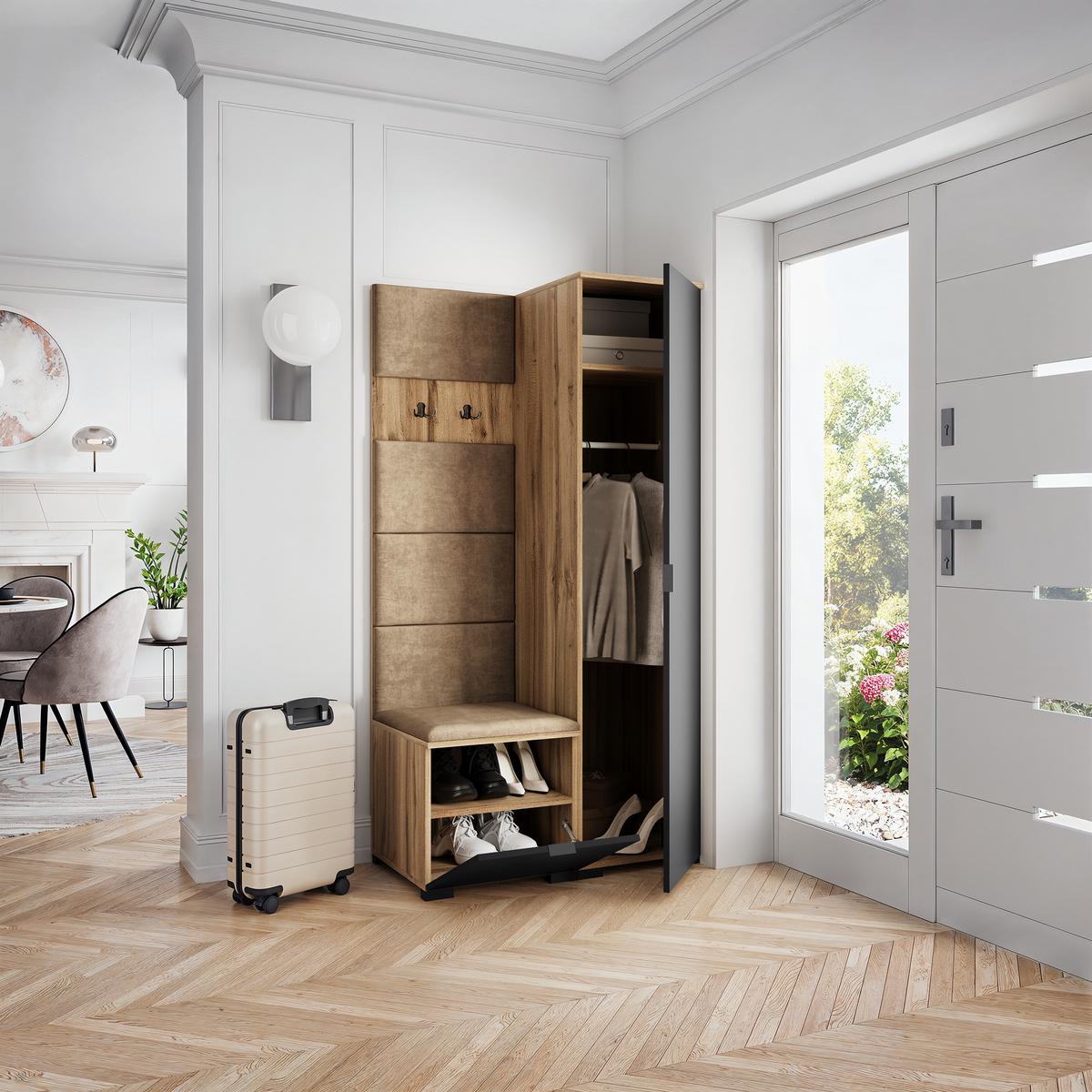 GARDEROBENSCHRANK LORI 95/181/51 cm Modern Garderobe-Set Eiche Wotan - Eiche Wotan/Schwarz, Holzwerkstoff (95/181/51cm) - MASSENO