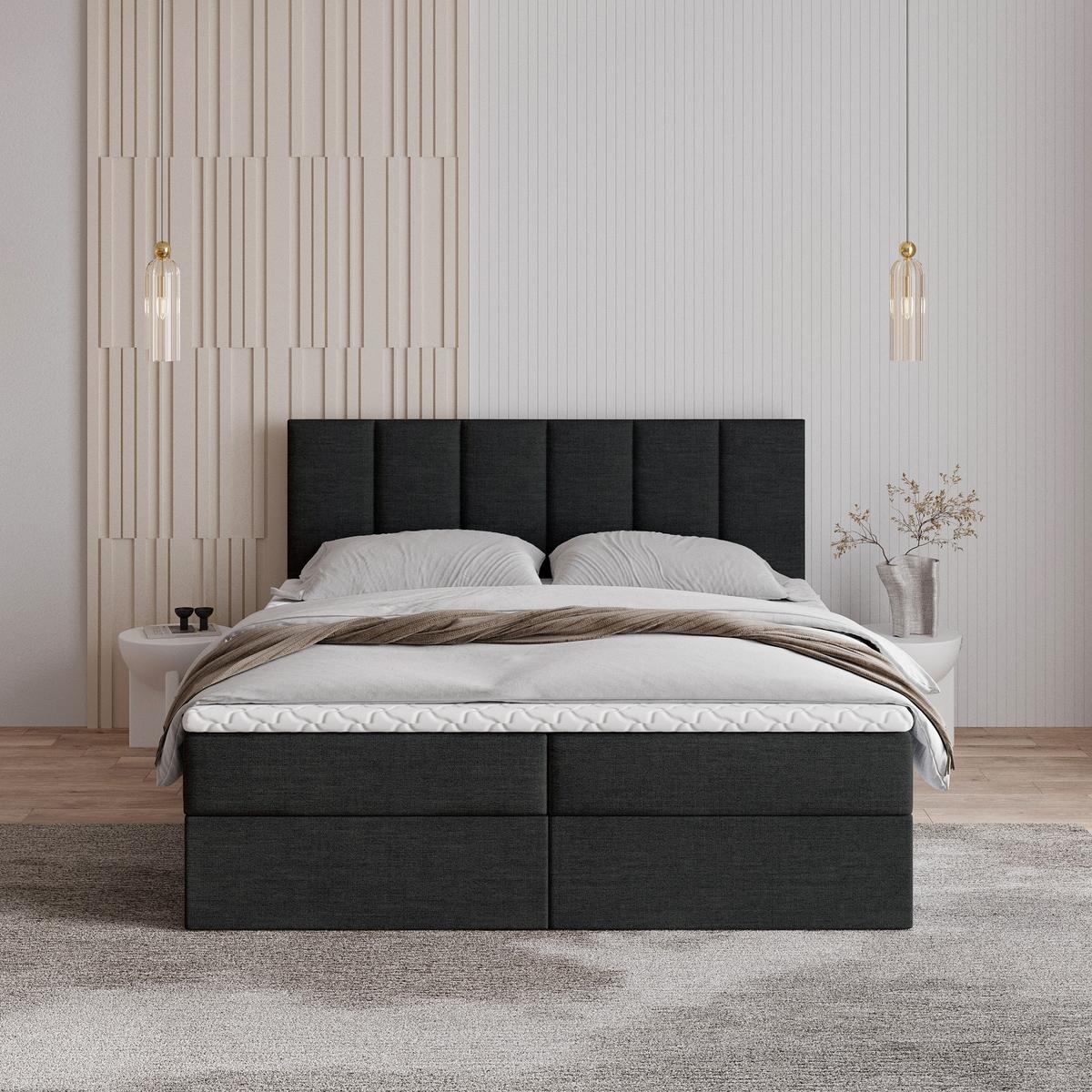 BOXBETT MERIL 160x200 cm mit Matratze und Topper - Schwarz - Anthrazit, Holz (160/200cm) - MASSENO