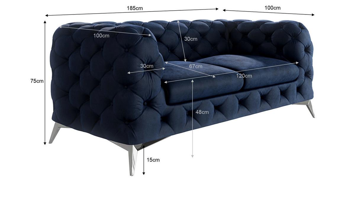 CHESTERFIELD-SOFA 2-Sitzer Laura Marineblau Samt - Silberfarben/Dunkelblau, Holz/Textil (185/75/100cm) - S-Style