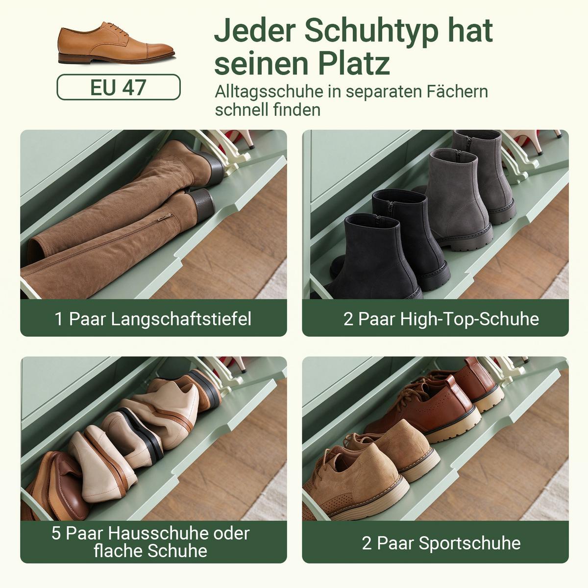 SCHUHSCHRANK grün, 100x91x19 cm, 4 Klappen für 8 Paar, nur 19 cm tief, Ablagefläche oben, für schmale Flure & hinter der Tür - Grün, Holzwerkstoff/Metall (100/91/19cm) - SoBuy