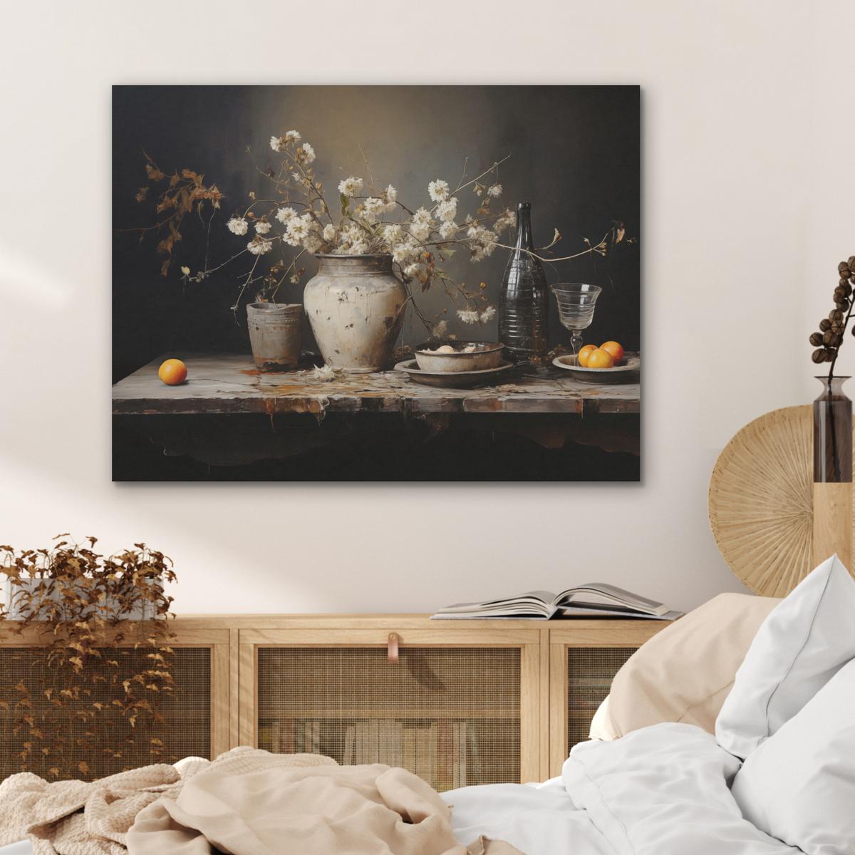 AKUSTIKBILD Stilleben - Blumen - Blumenstrauß - Vase - Wein Gemälde 80x60 cm - Schwarz, Kunststoff (80/60/0.9cm) - MuchoWow