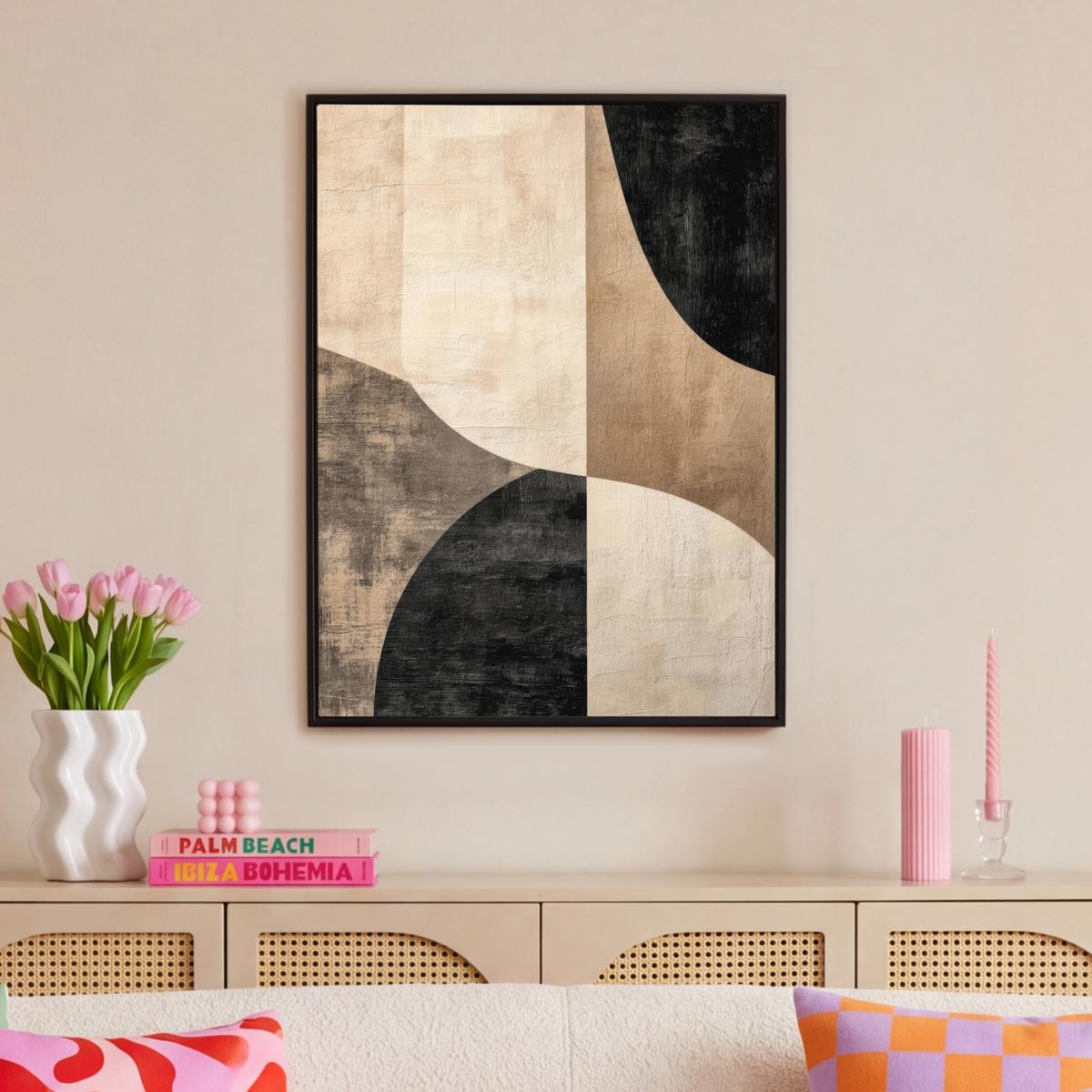 LEINWAND Bilder mit Rahmen - Abstrakt - Flugzeuge - Schwarz - Rund - 70x100 - Beige, Textil (70/100cm) - MuchoWow
