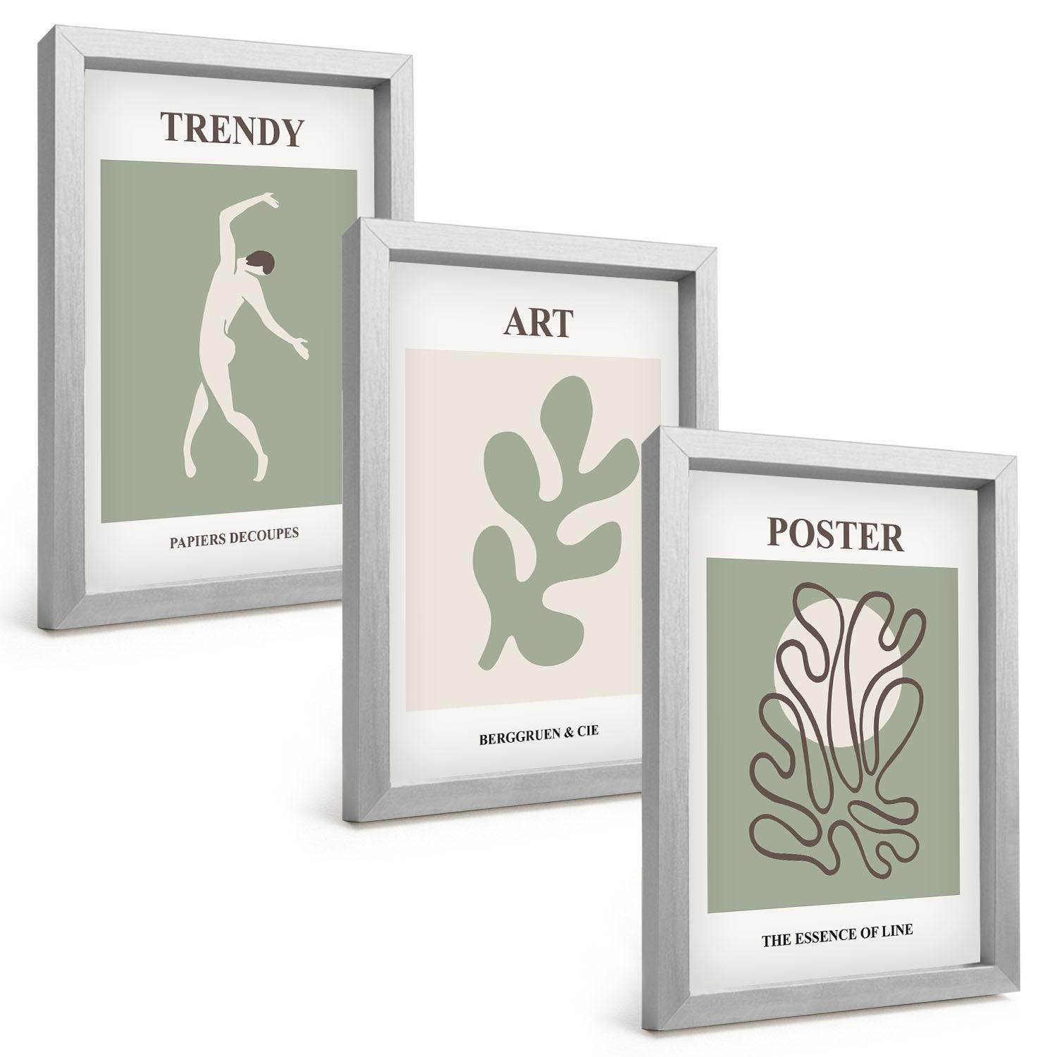 BILDER SET 3er Set - 20x30 cm Silberner Rahmen - Abstrakte Pflanzenfiguren - Silberfarben, Kunststoff (20/30cm) - TULUP