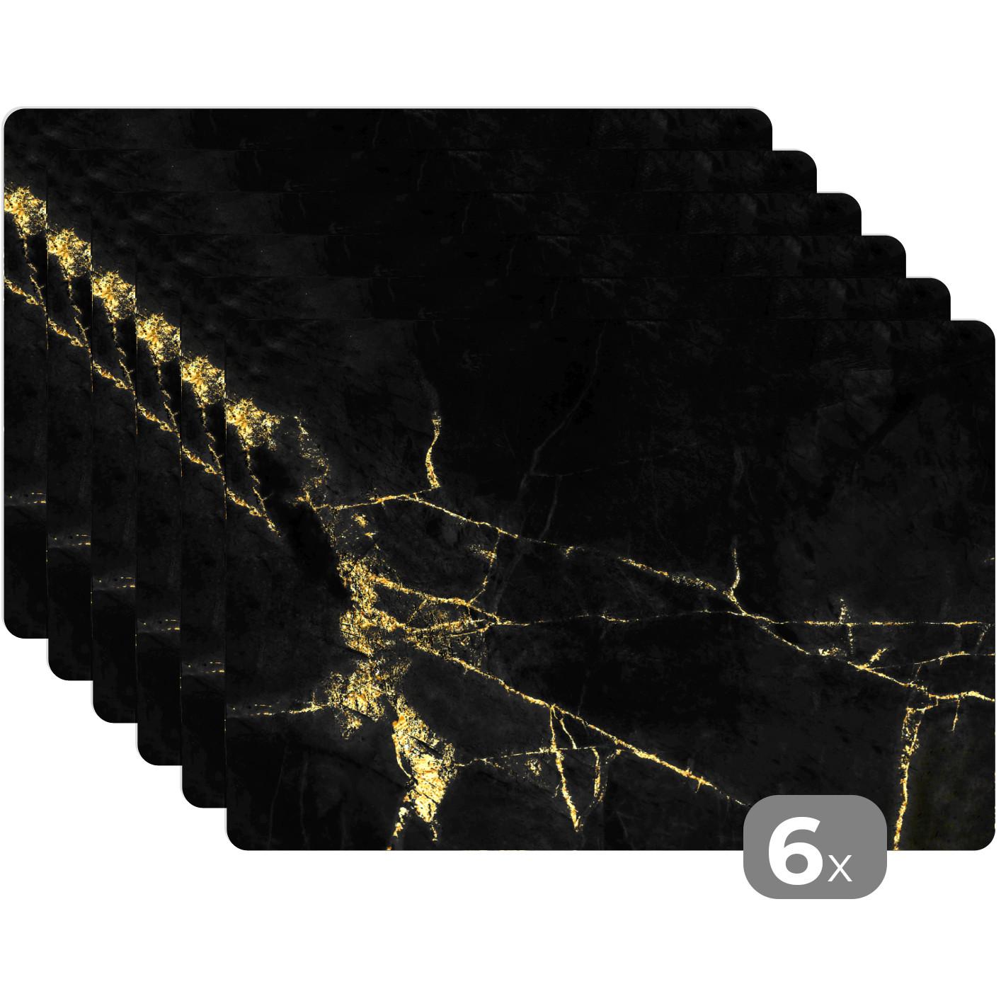 PLATZSETS 6er-Set Marmor - Schwarz - Gold - Luxus Platzdeckchen 45x30 cm - Goldfarben, Kunststoff (0.3/45/30cm) - MuchoWow