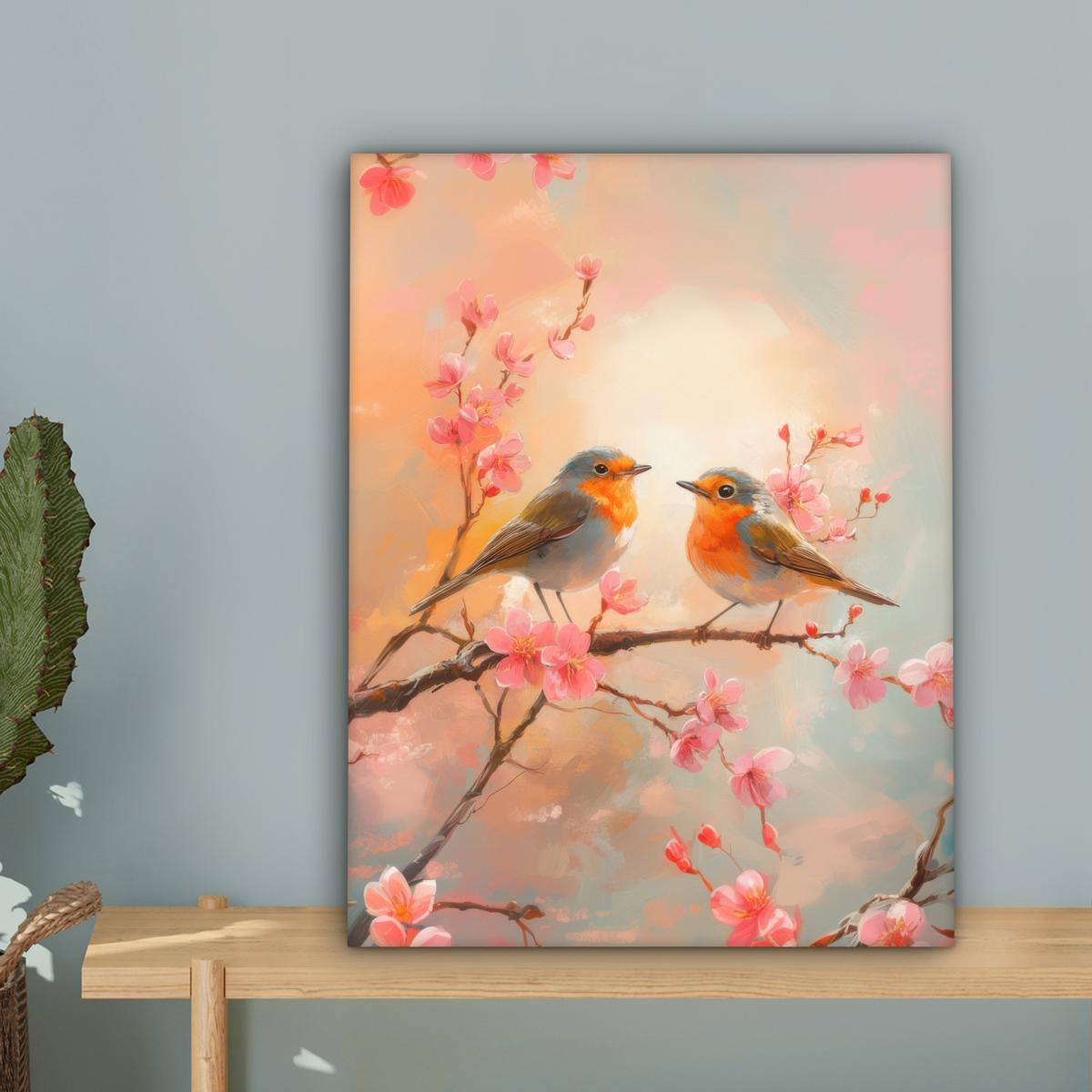 LEINWANDBILD Rotkehlchen - Zierpflanze - Blütenzweig Room Decor 30x40 cm - Hellrosa, Textil (30/40cm) - MuchoWow