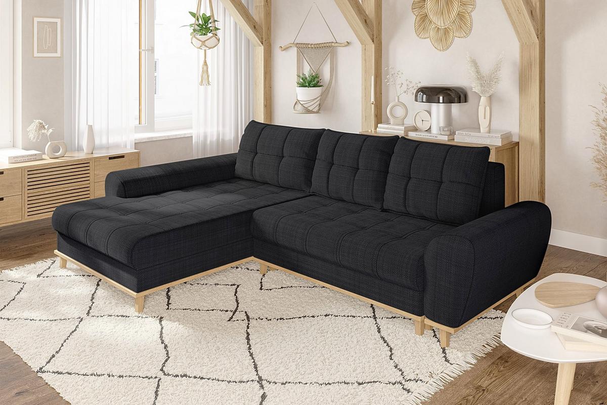 ECKSOFA im Scandi-Stil, Schlaffunktion, Bettkasten B268/T175/H86 cm, Ottomane links, Liegefl. 128x209 cm, Bouclé Chenille Stoff in Anthrazit / 21012 - Eichefarben/Anthrazit, Holz/Textil (268/175cm) - luma-home