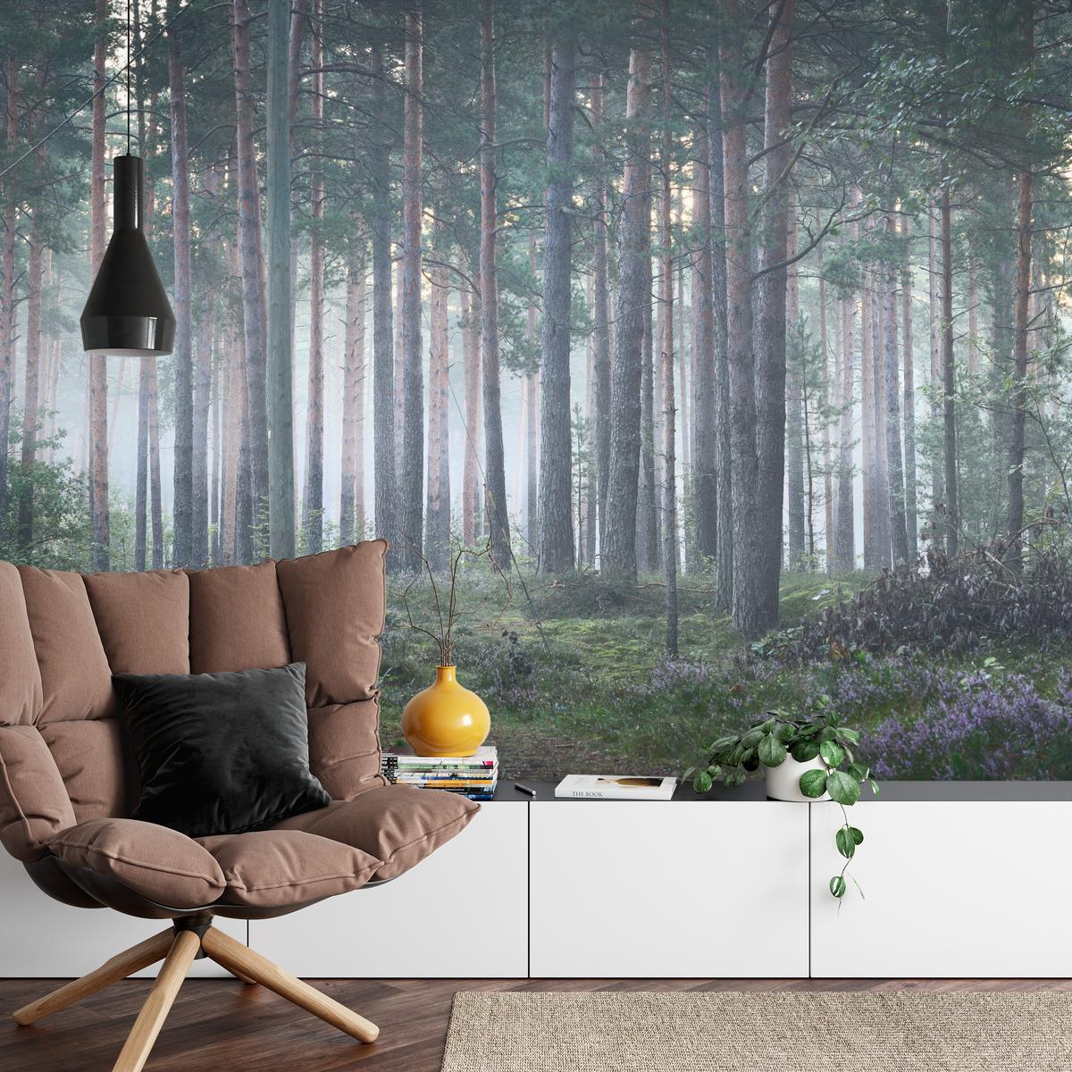 FOTOTAPETE für Wohnzimmer Nebelwald mit Bäumen Moos Grün 450x315 - Grau/Grün, Papier (450/315cm) - Muralo